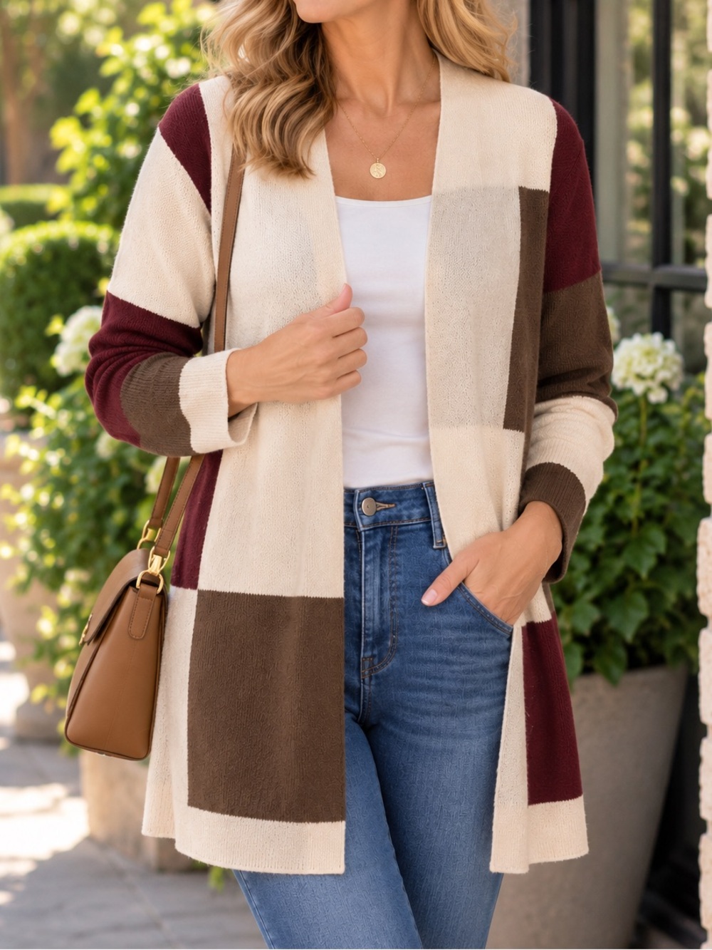 Cleo Colorblock Long Open Front Cardigan Burgundy Cream Women’s Size XL Office